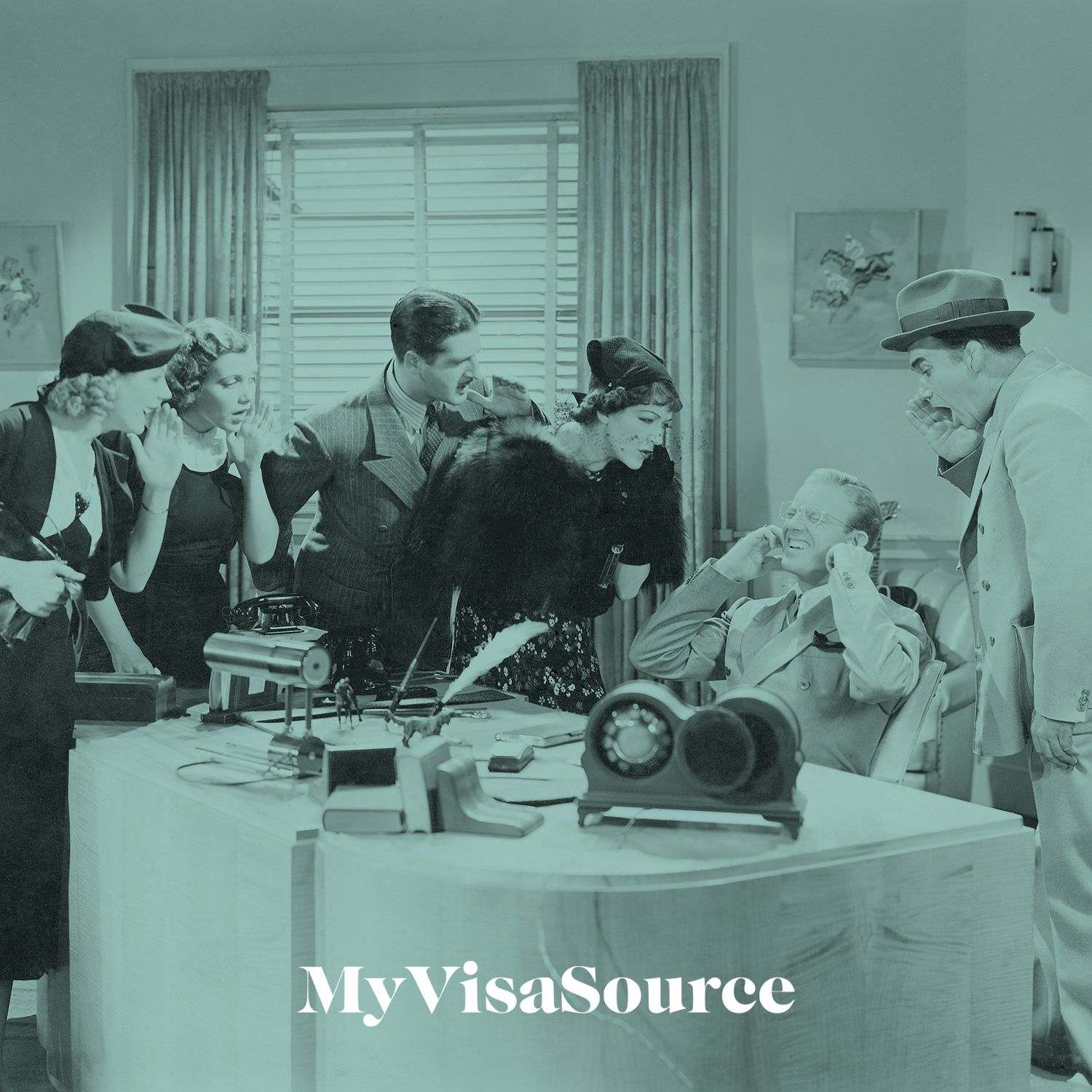 1950s office scene with everyone dressed in those days clothing my visa source