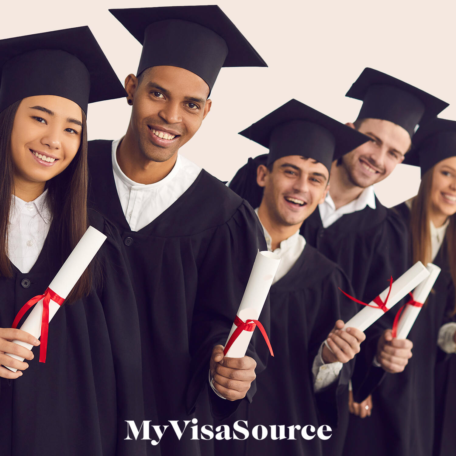 5 graduates holding their diplomas all in graduation clothes my visa source