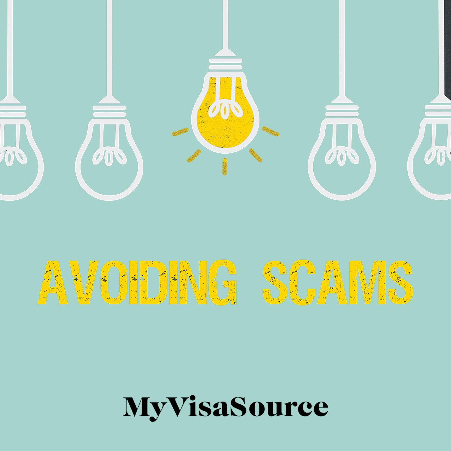 cartoon 5 light bulbs with 1 lit avoiding scams written below my visa source