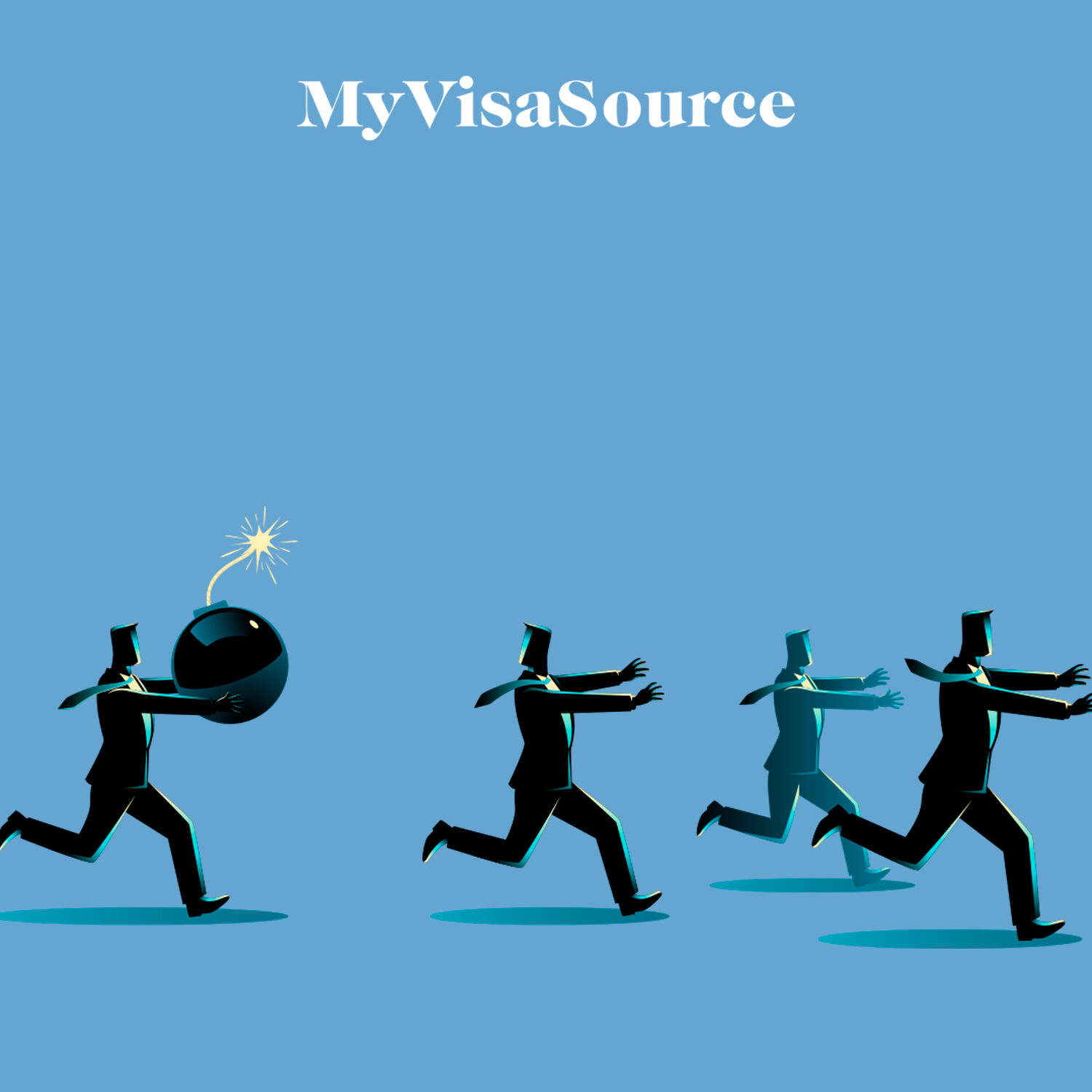 cartoon drawing of a man holding a bomb with 3 men running away my visa source