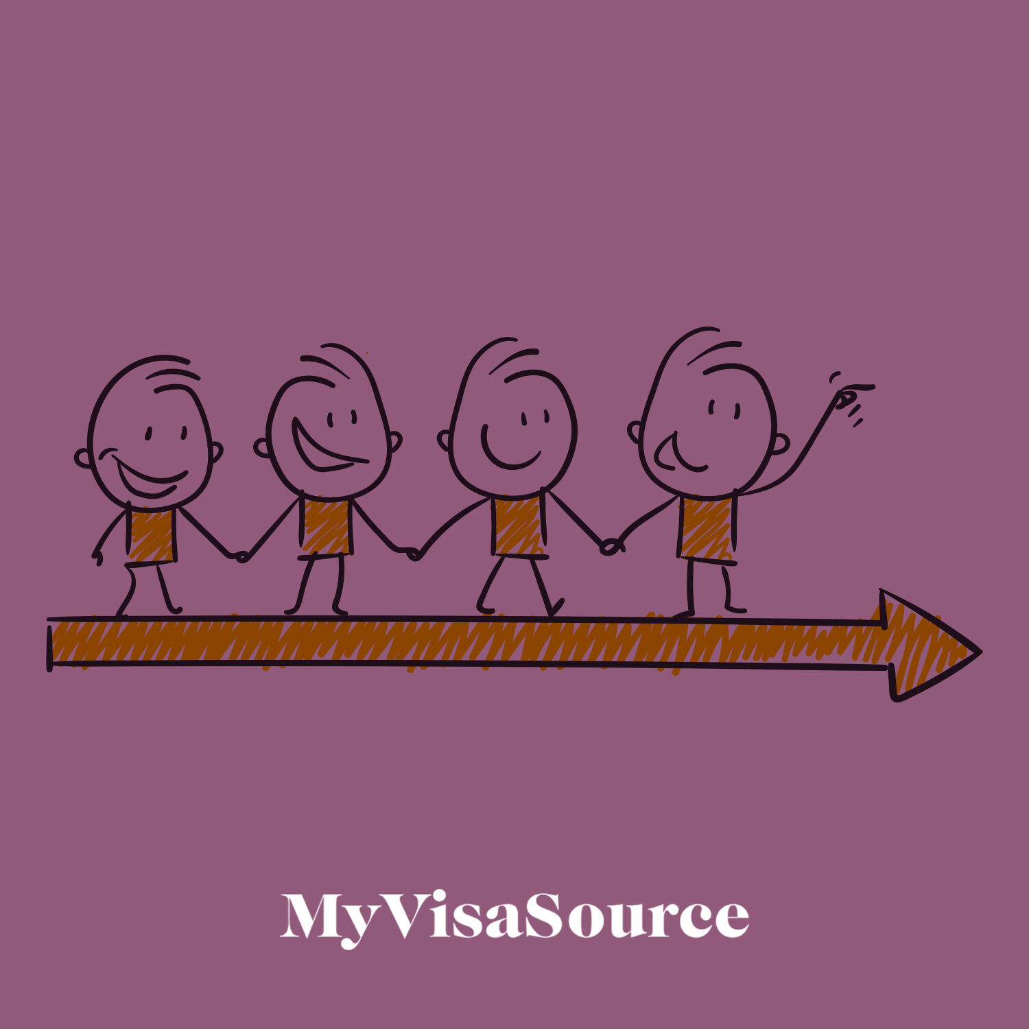 cartoon drawing of five boys standing on an arrow