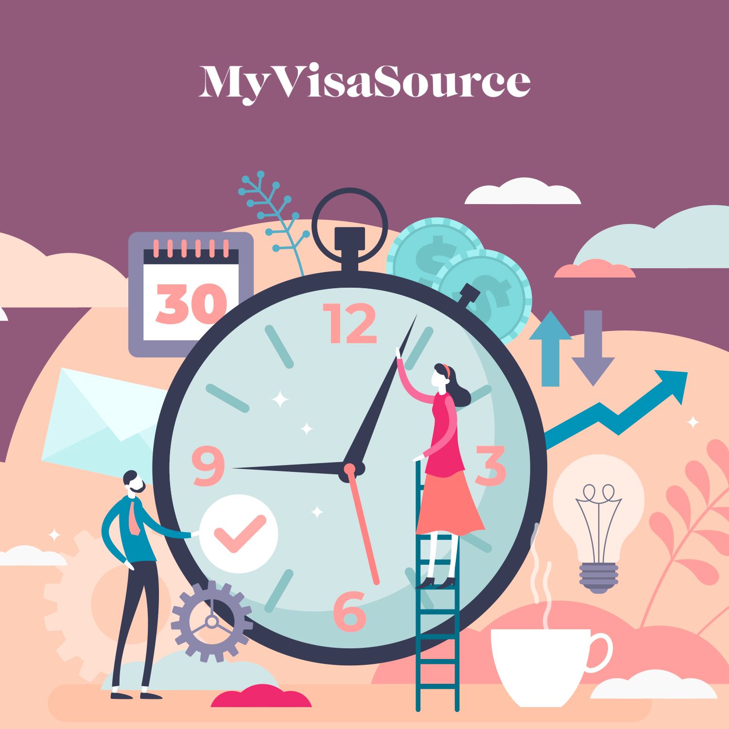 cartoon of a clock and a man and woman my visa source