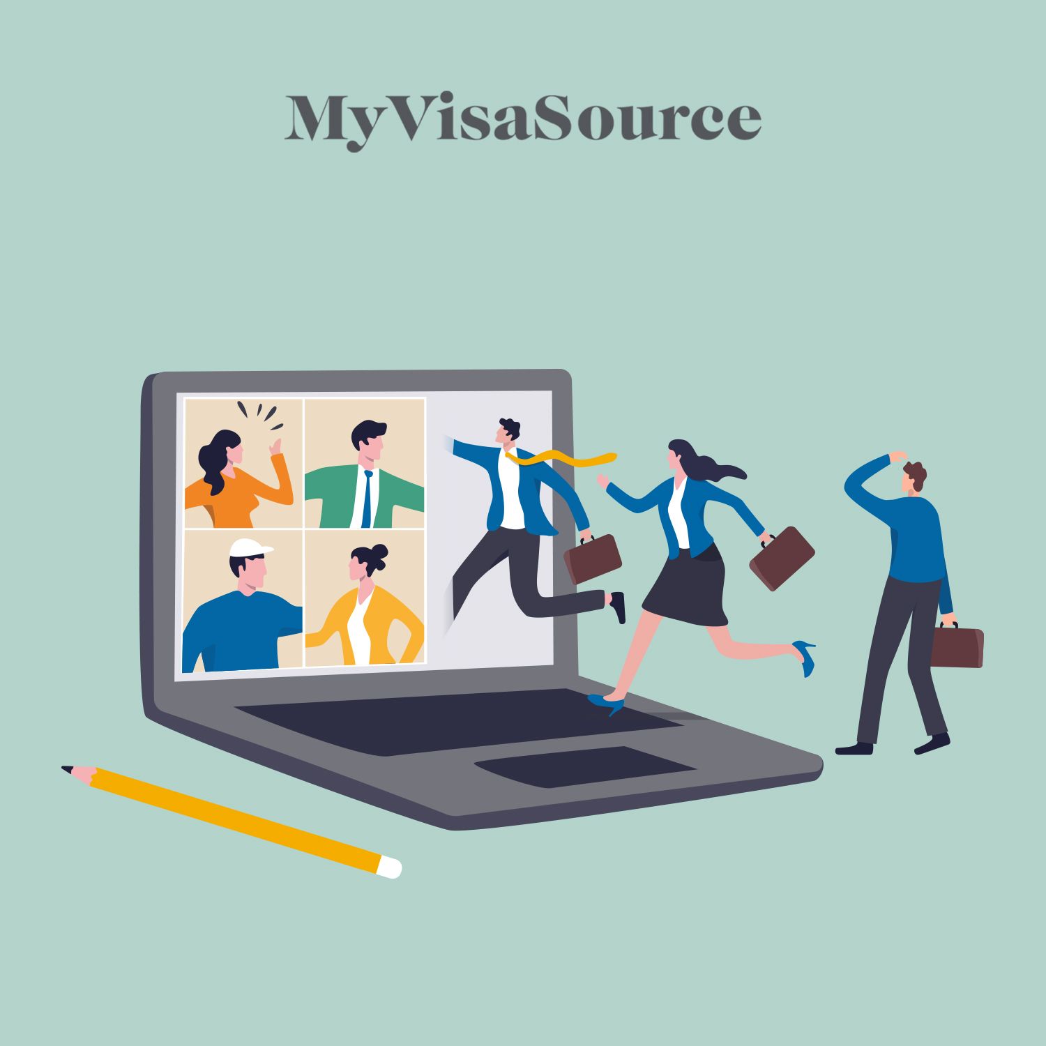 cartoon of people with different jobs walking into a laptop my visa source