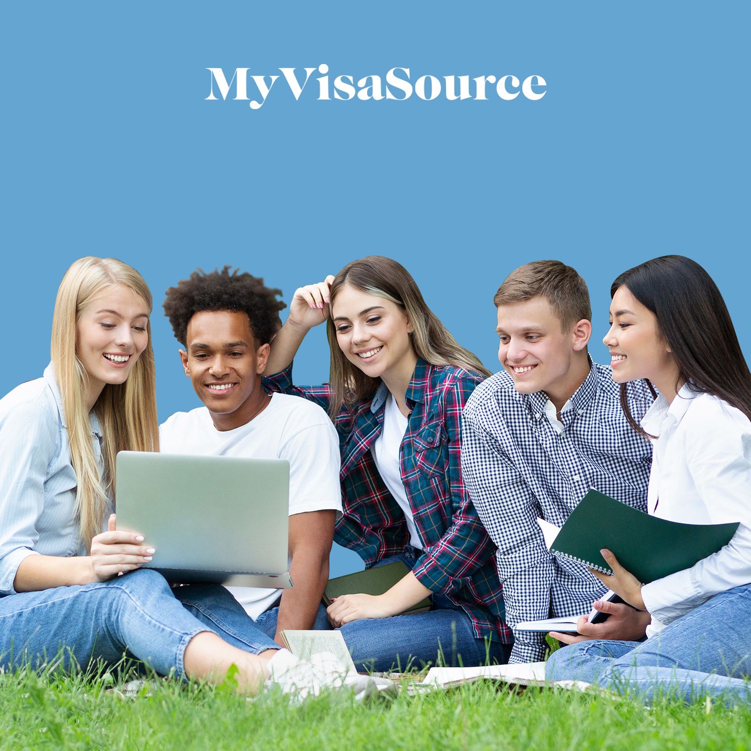 cheerful and young students viewing a laptop my visa source