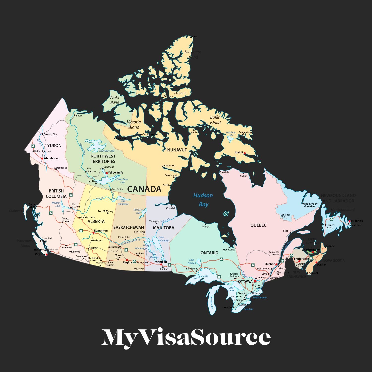 colourful map of canada with province names my visa source