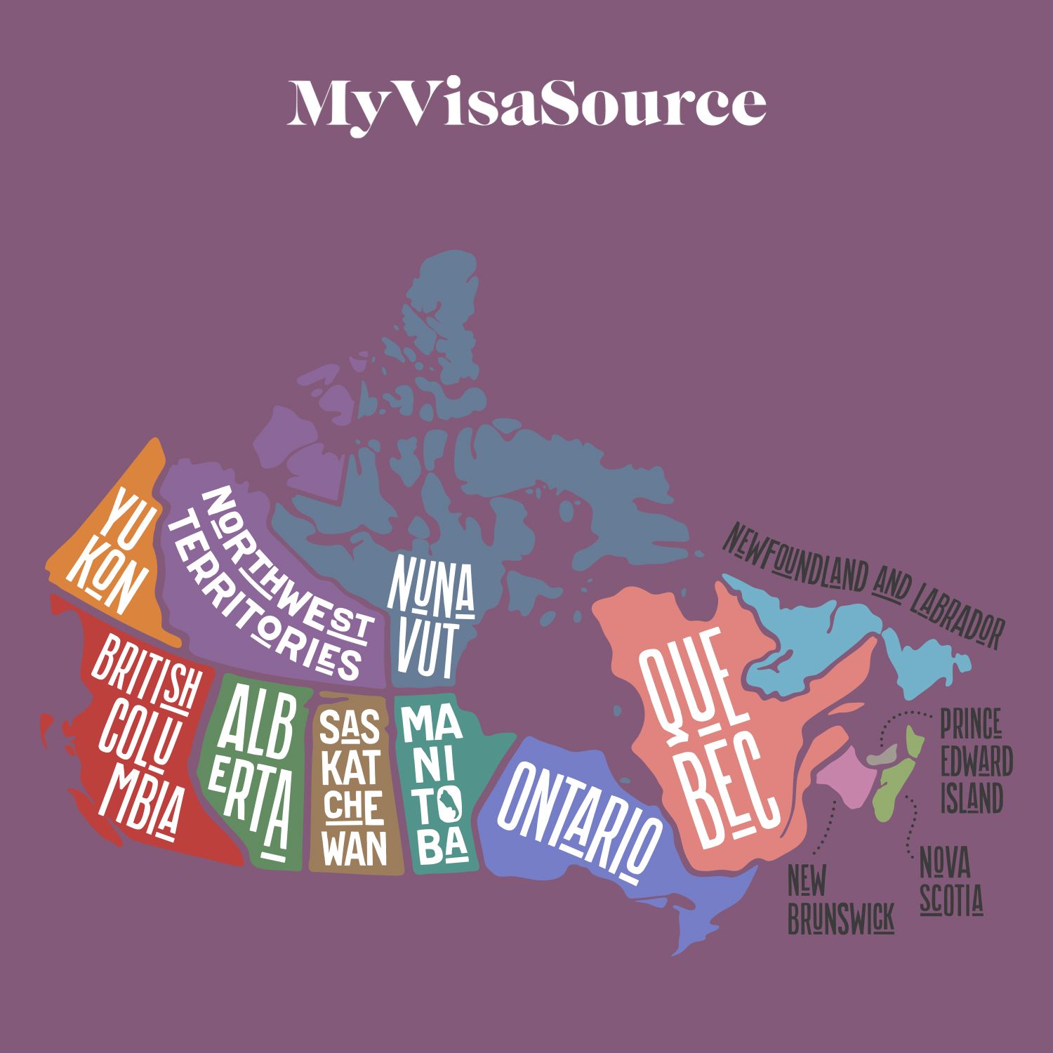 colourful map of canada with the regions marked my visa source