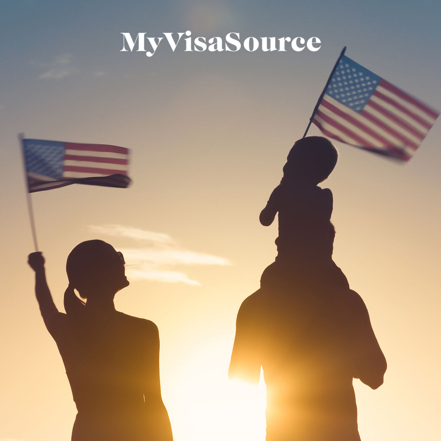 couple with a toddler holding usa flags sunset background my visa source