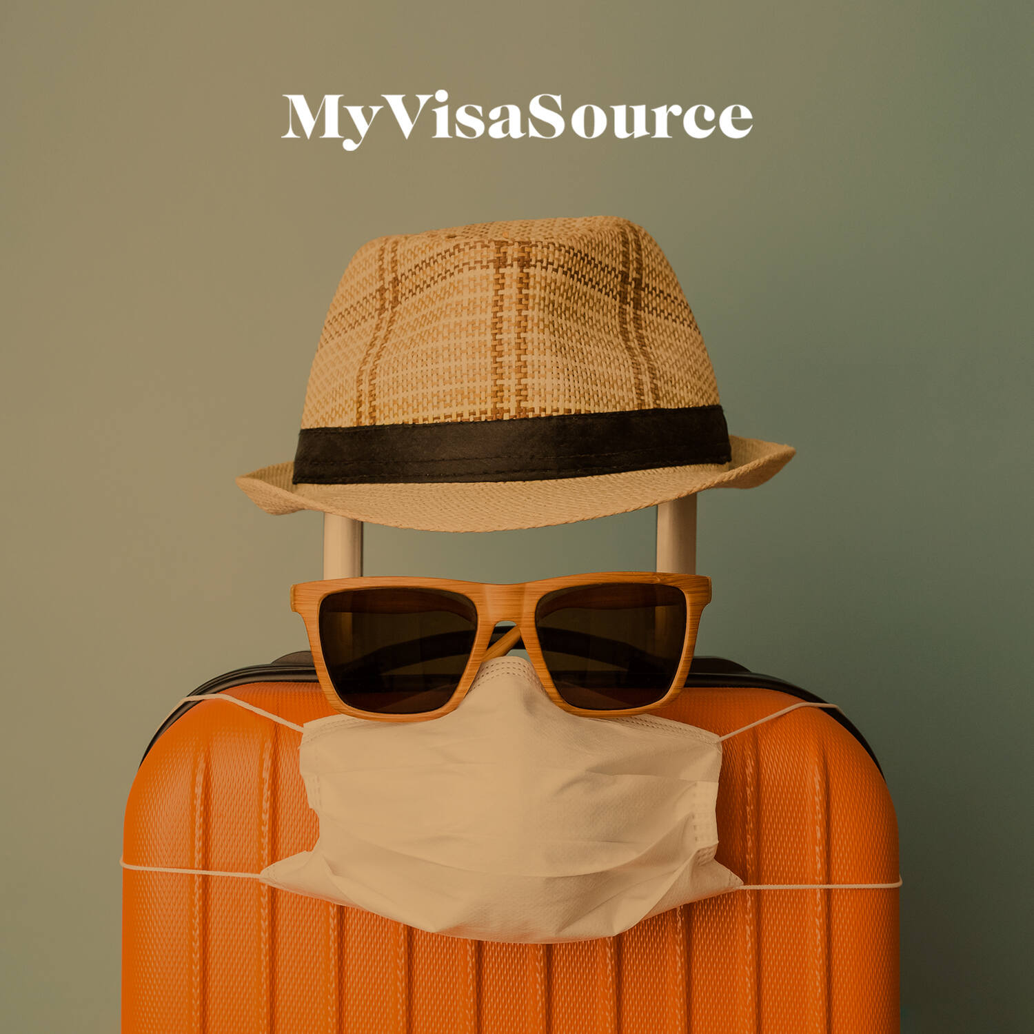 covid mask with sunglasses and hat on top of luggage my visa source