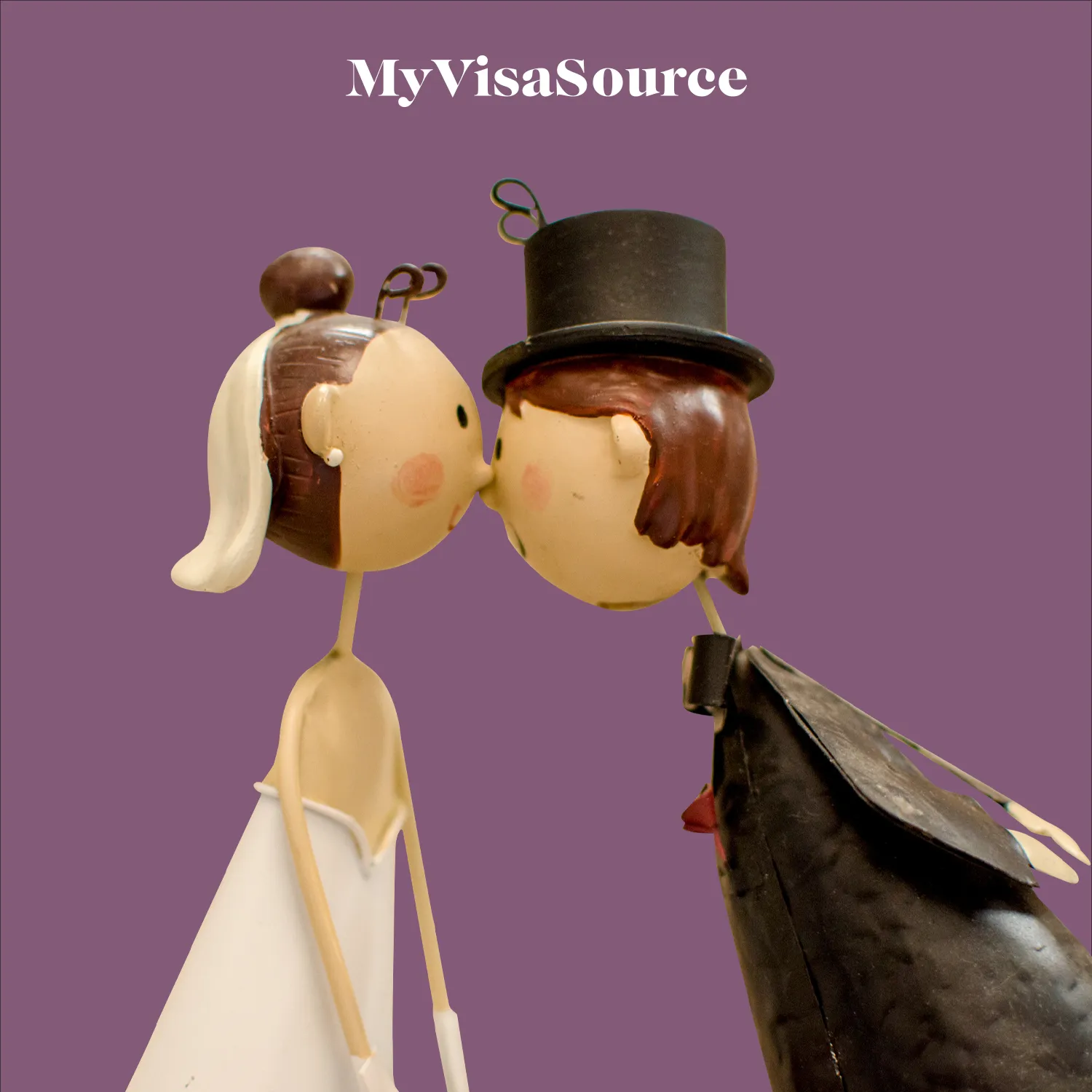 cute wooden cartoonish dolls couple dressed in wedding attire with purple background by my visa source