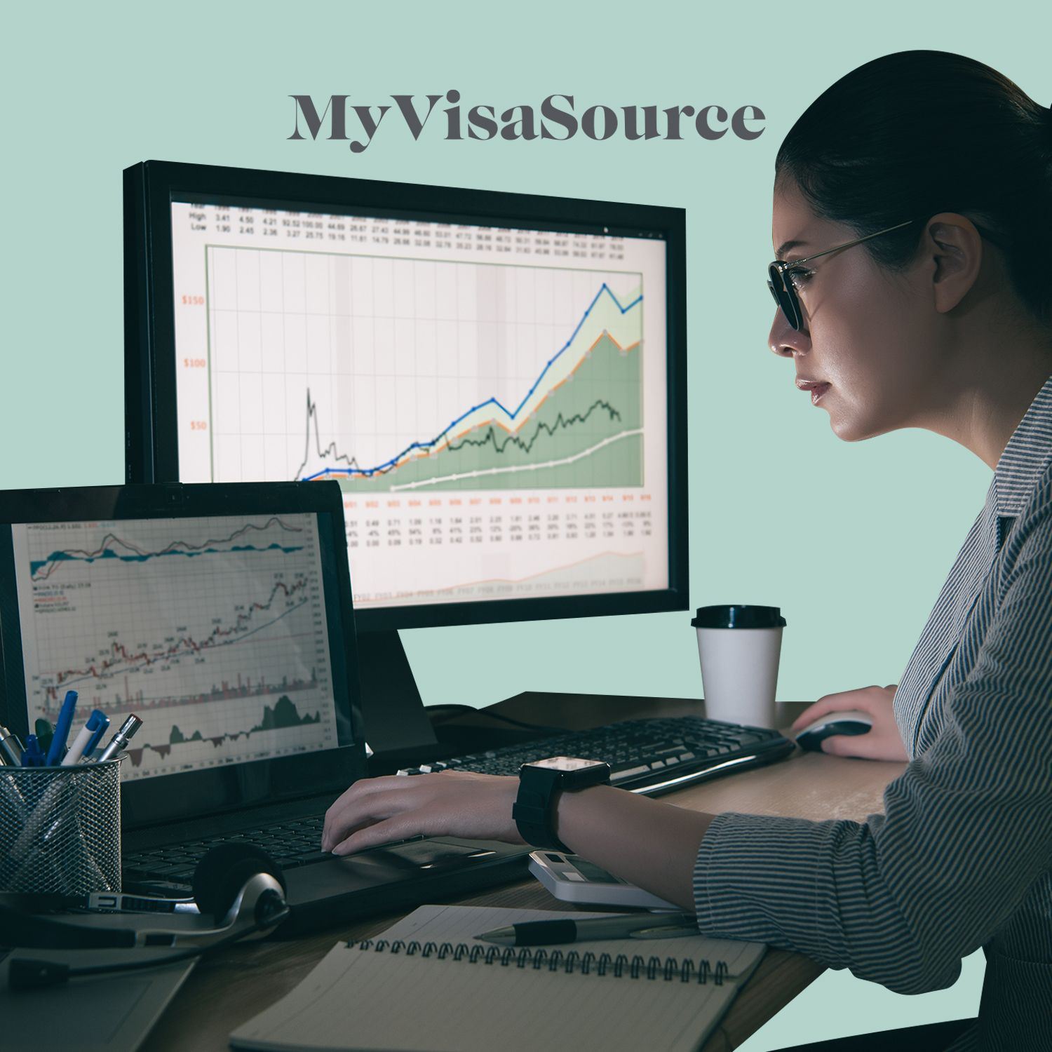 data analyst in front of multiple computer monitors with graphs my visa source