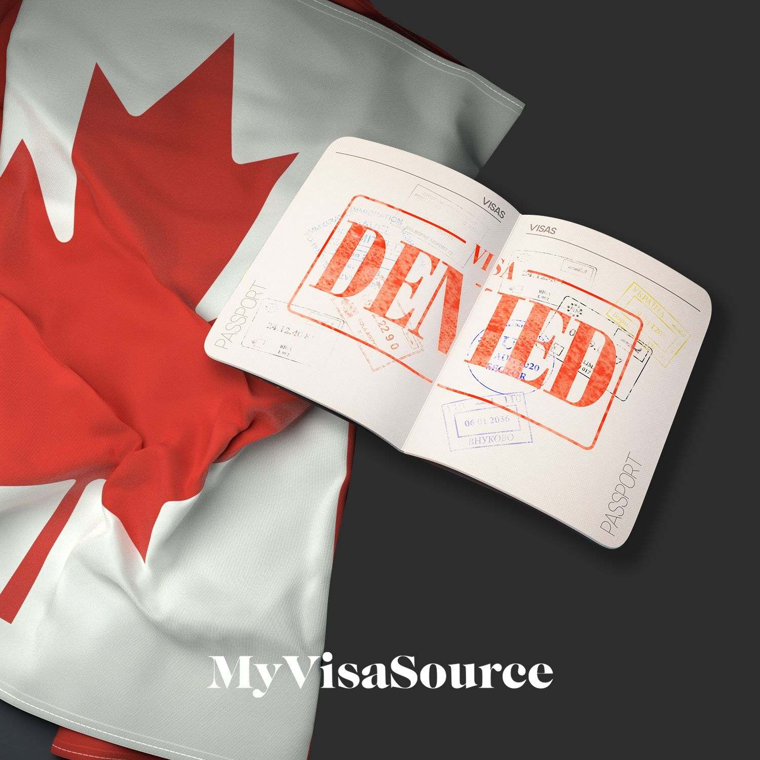 denied visa stamp in a passport with canada flag my visa source