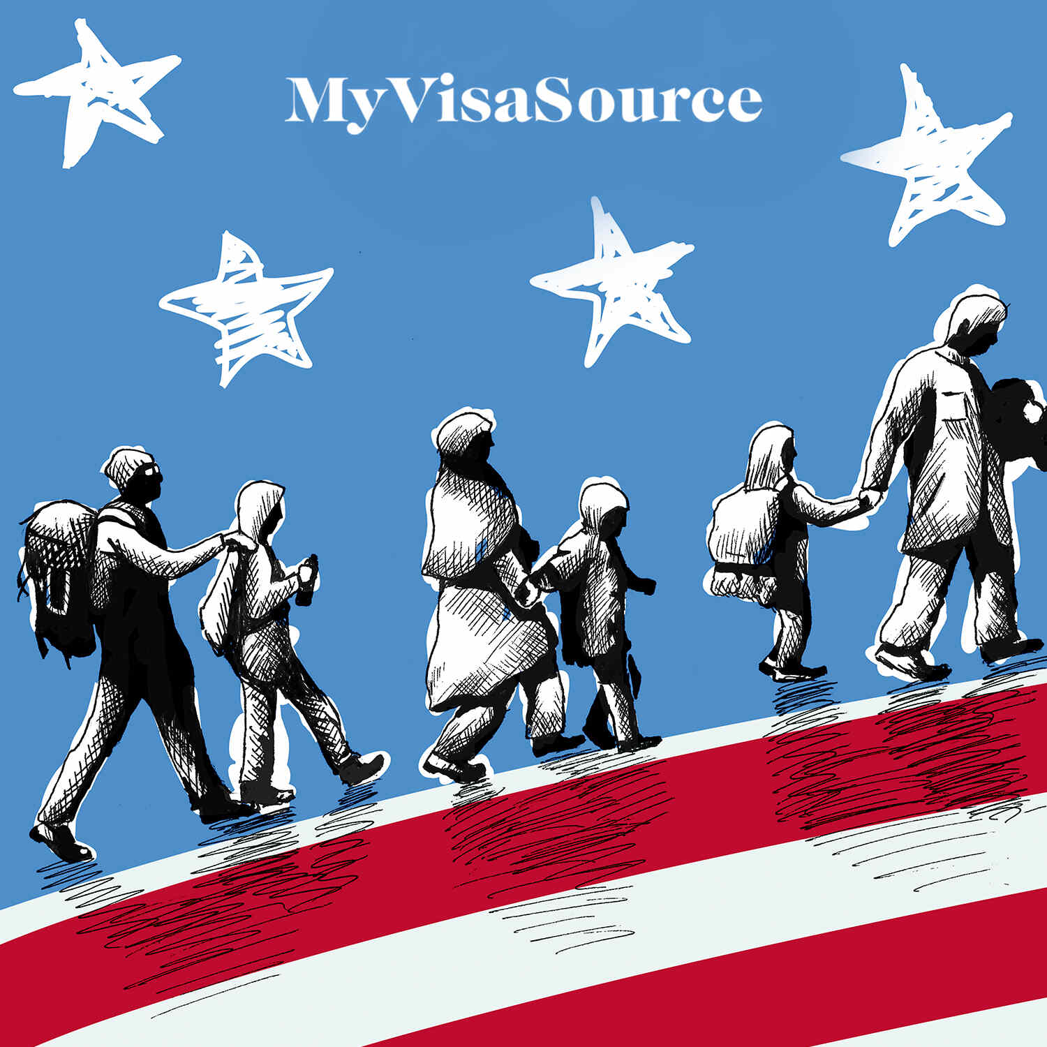 drawing of immigrant families walking with belongings usa flag around them my visa source