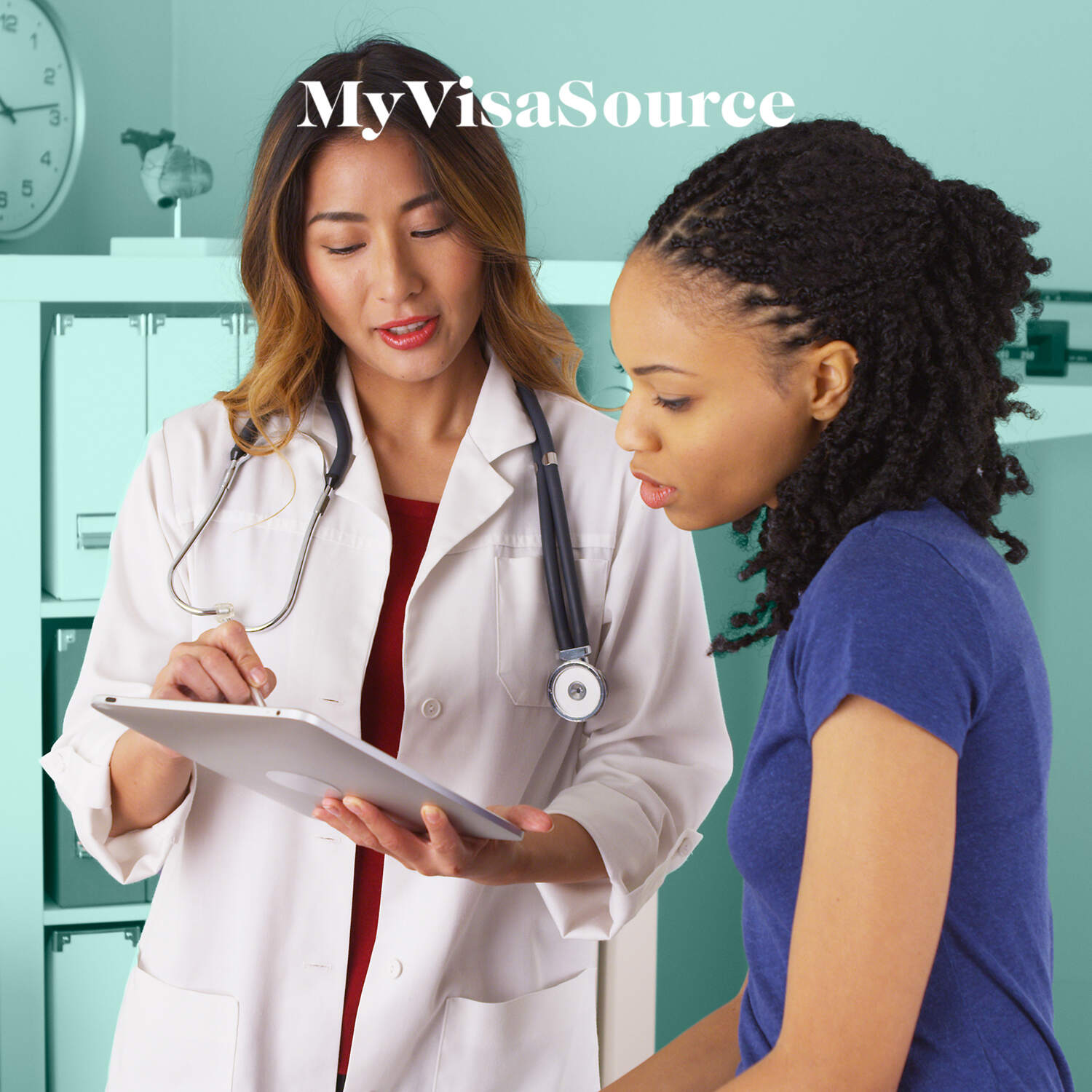 female doctor speaking with female patient my visa source