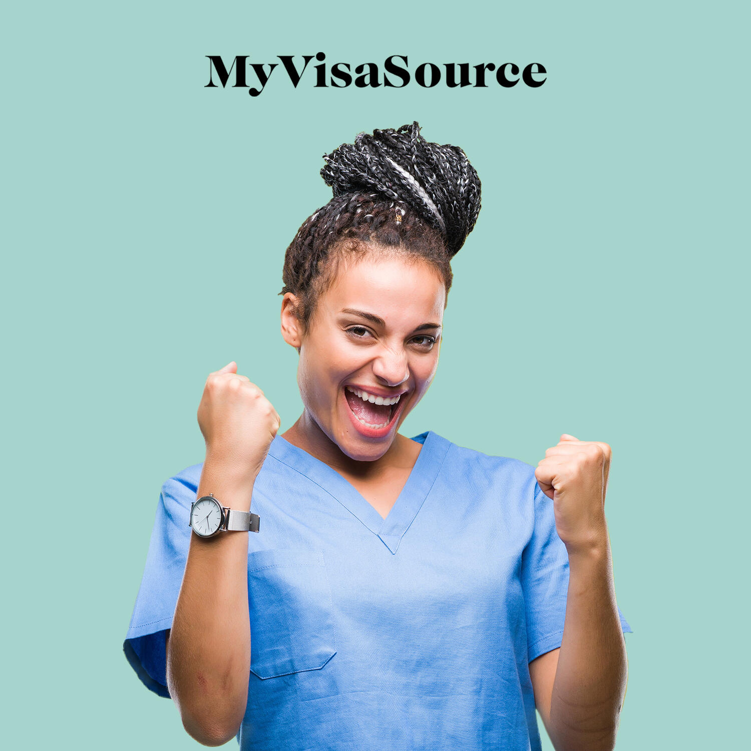female nurse happy and excited my visa source