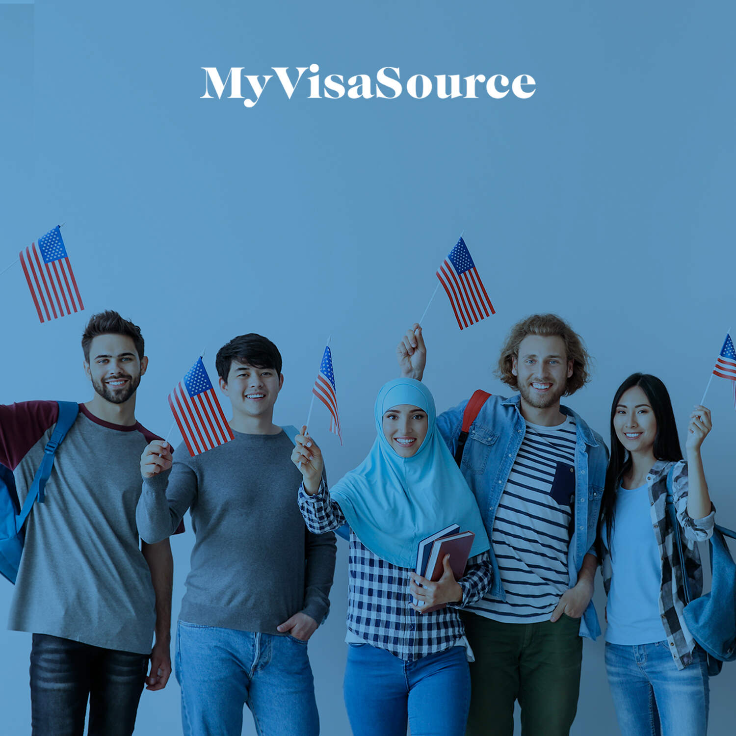 five young people each waving small american flags