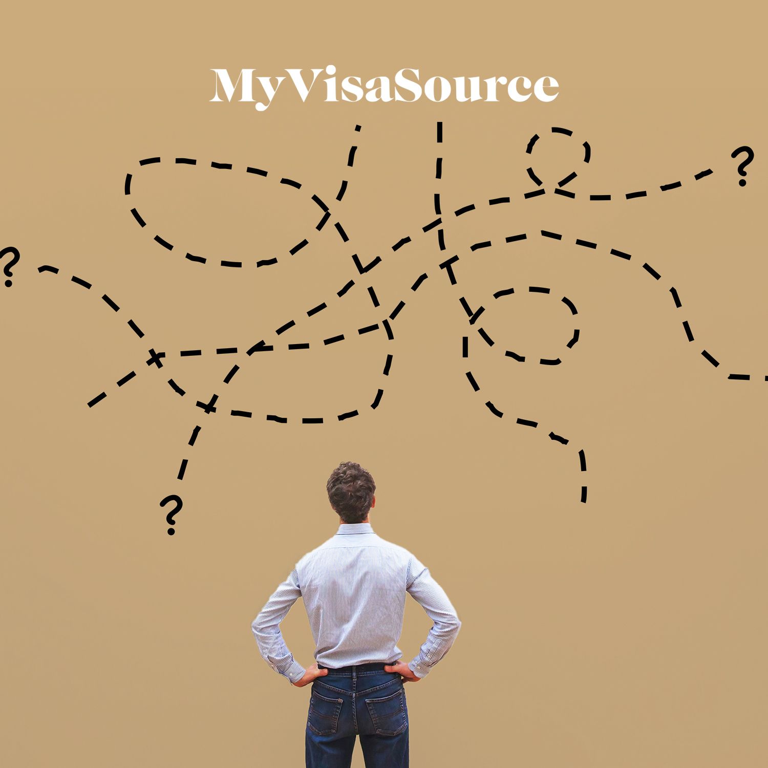 man standing in front of drawings of question marks my visa source