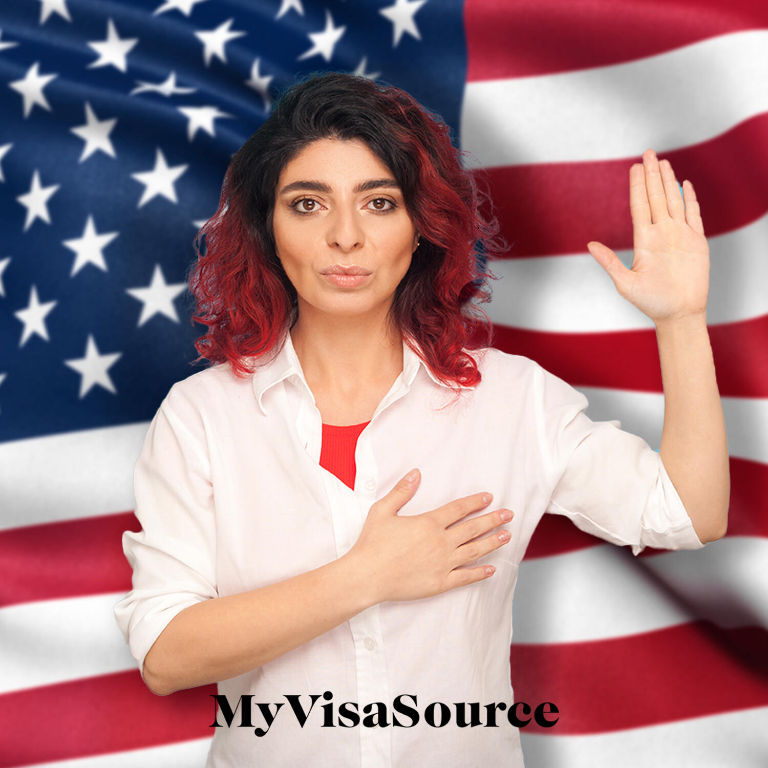 middle eastern woman holding left hand up with us flag background