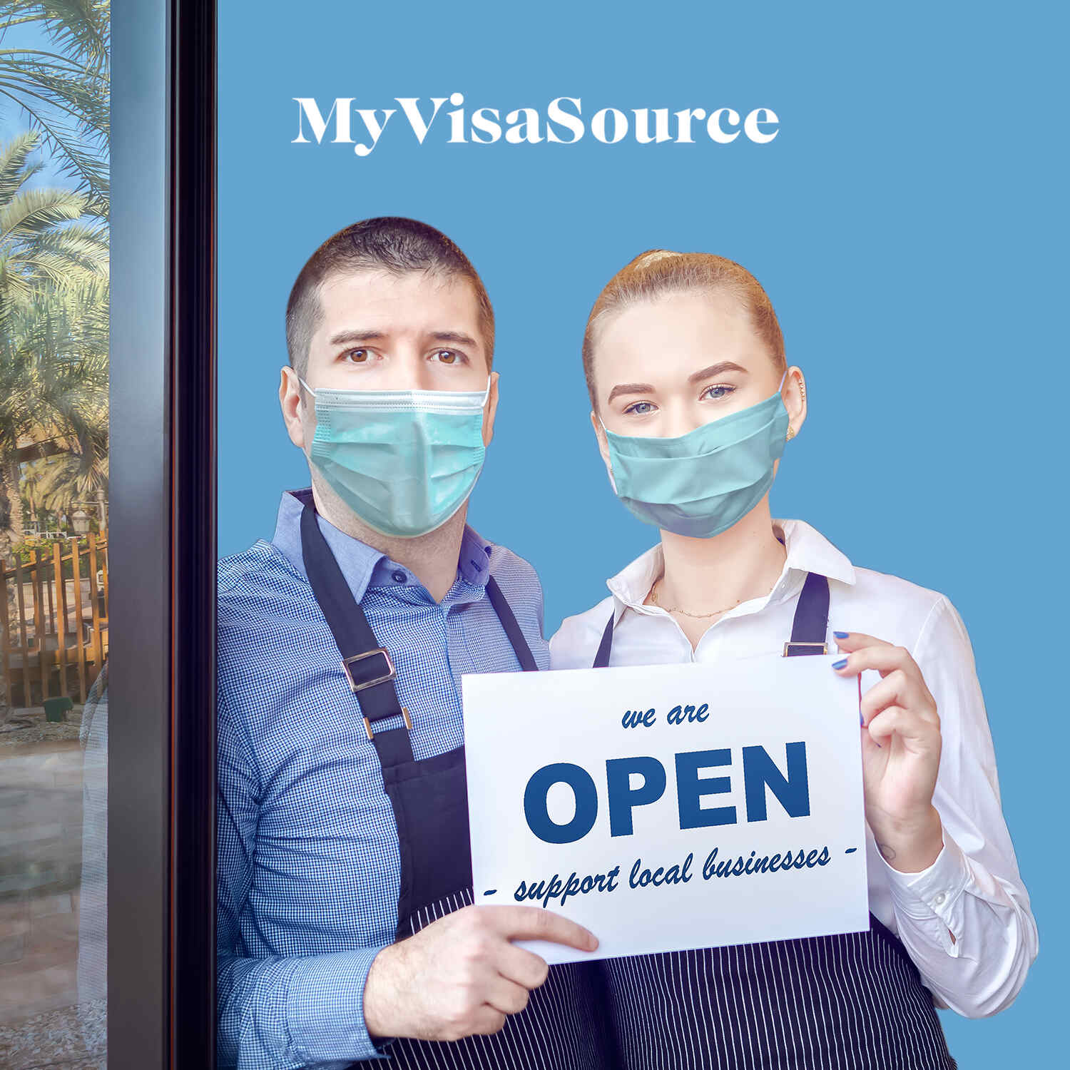 small business owners with covid masks holding up an open sign my visa source