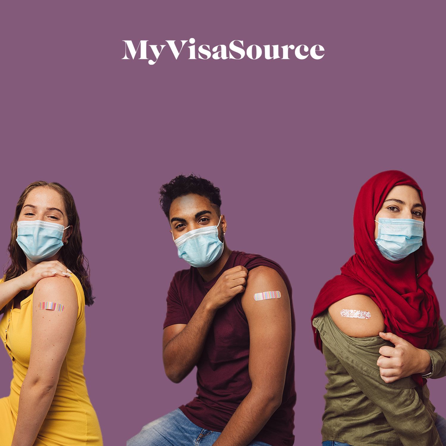 three people with covid masks and vaccination bandages my visa source