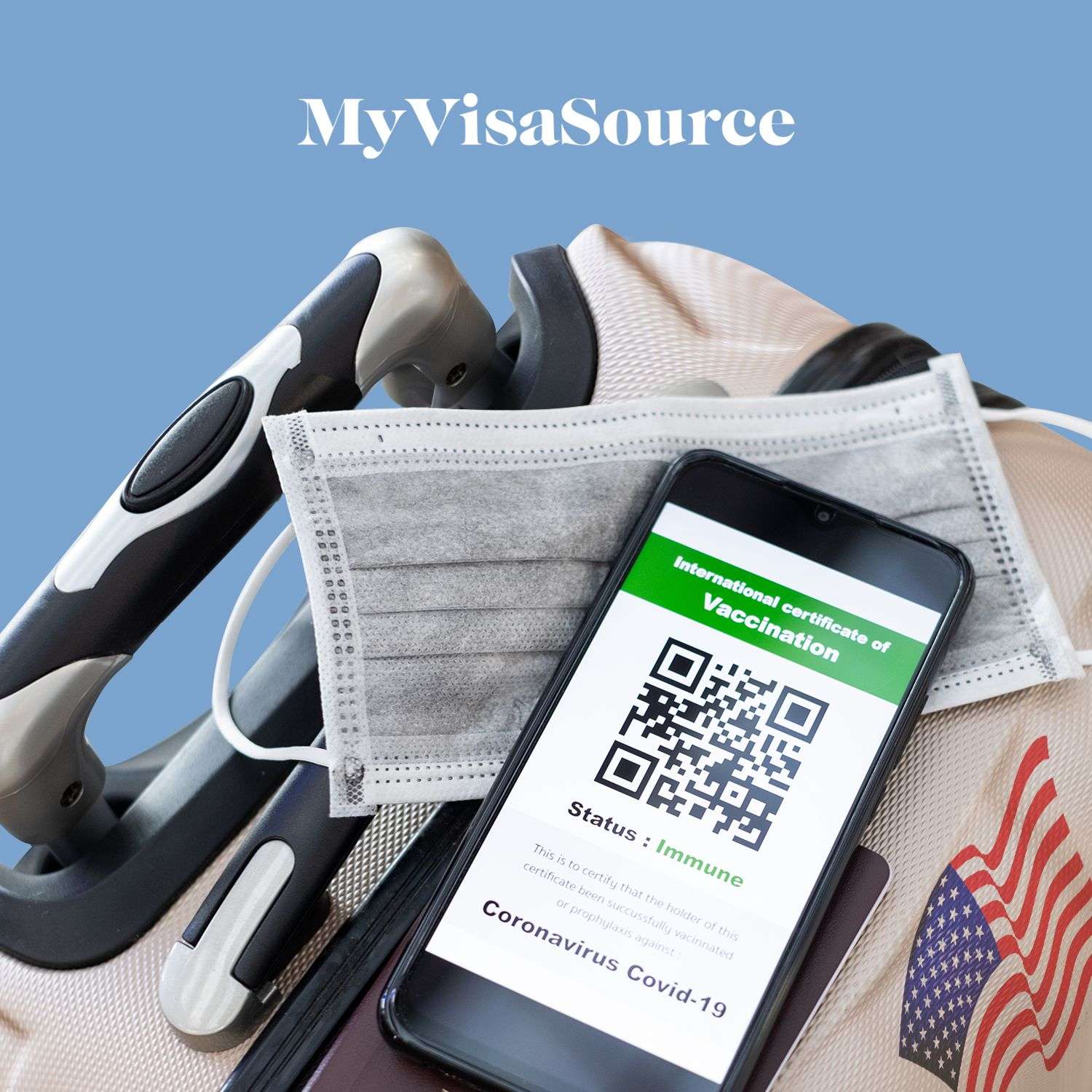 vaccine passport app on cellphone on top of luggage my visa source