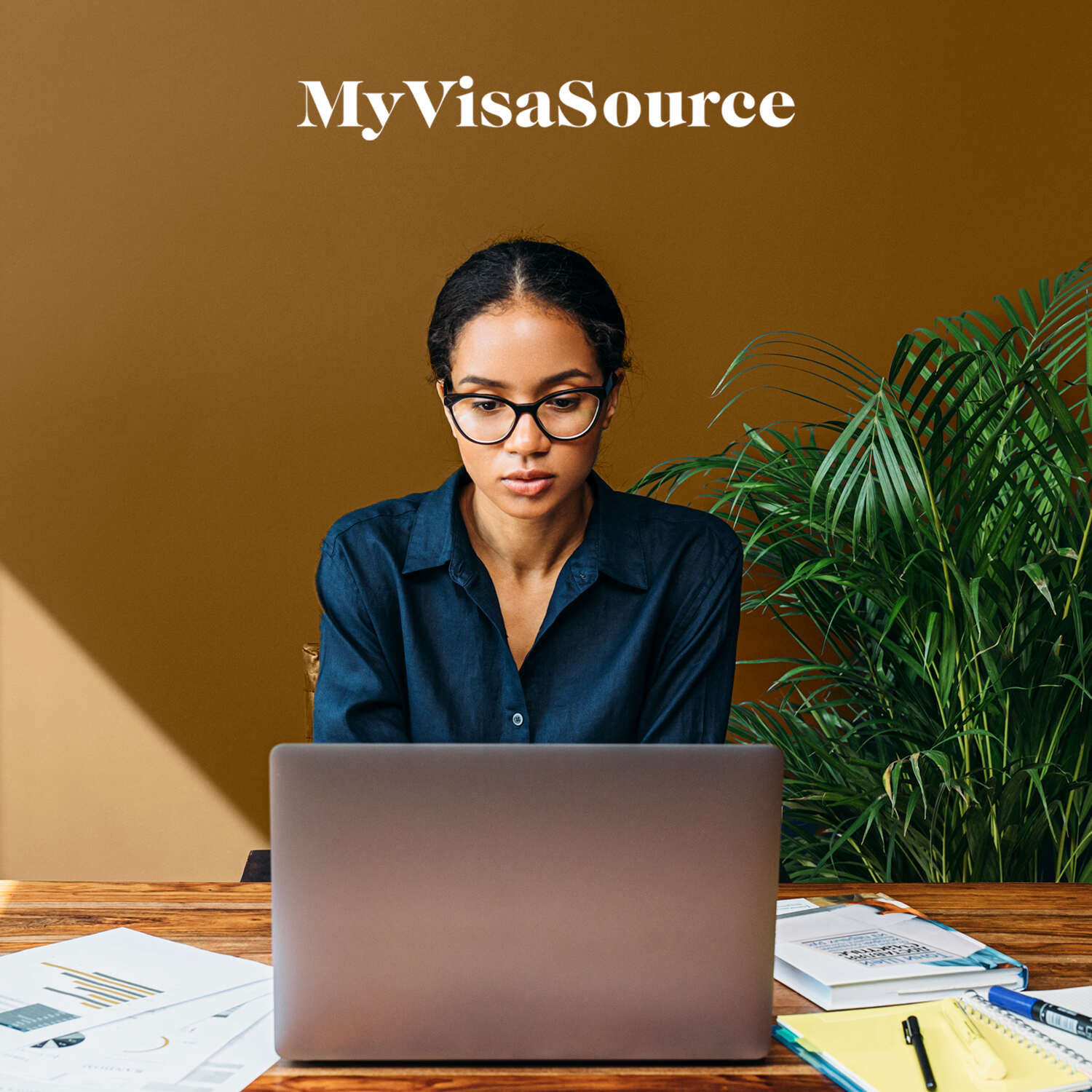 woman working at desk on laptop my visa source