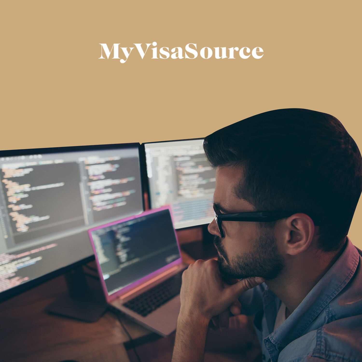 young man thinking in front of laptop and multiple monitors my visa source