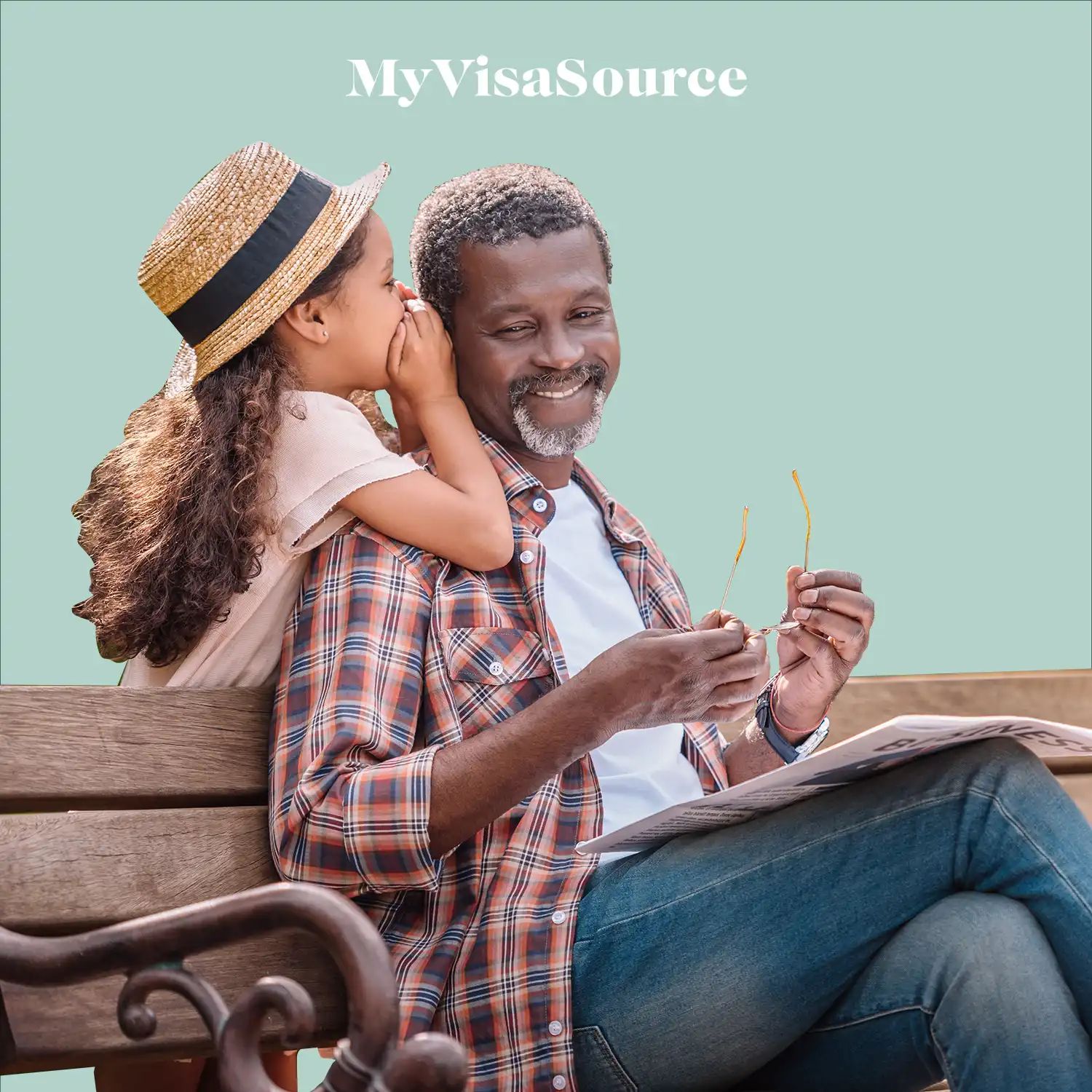 cheerful-grandfather-and-granddaughter-talking-on-a-park-bench-on-turquoise-background-by-my-visa-source