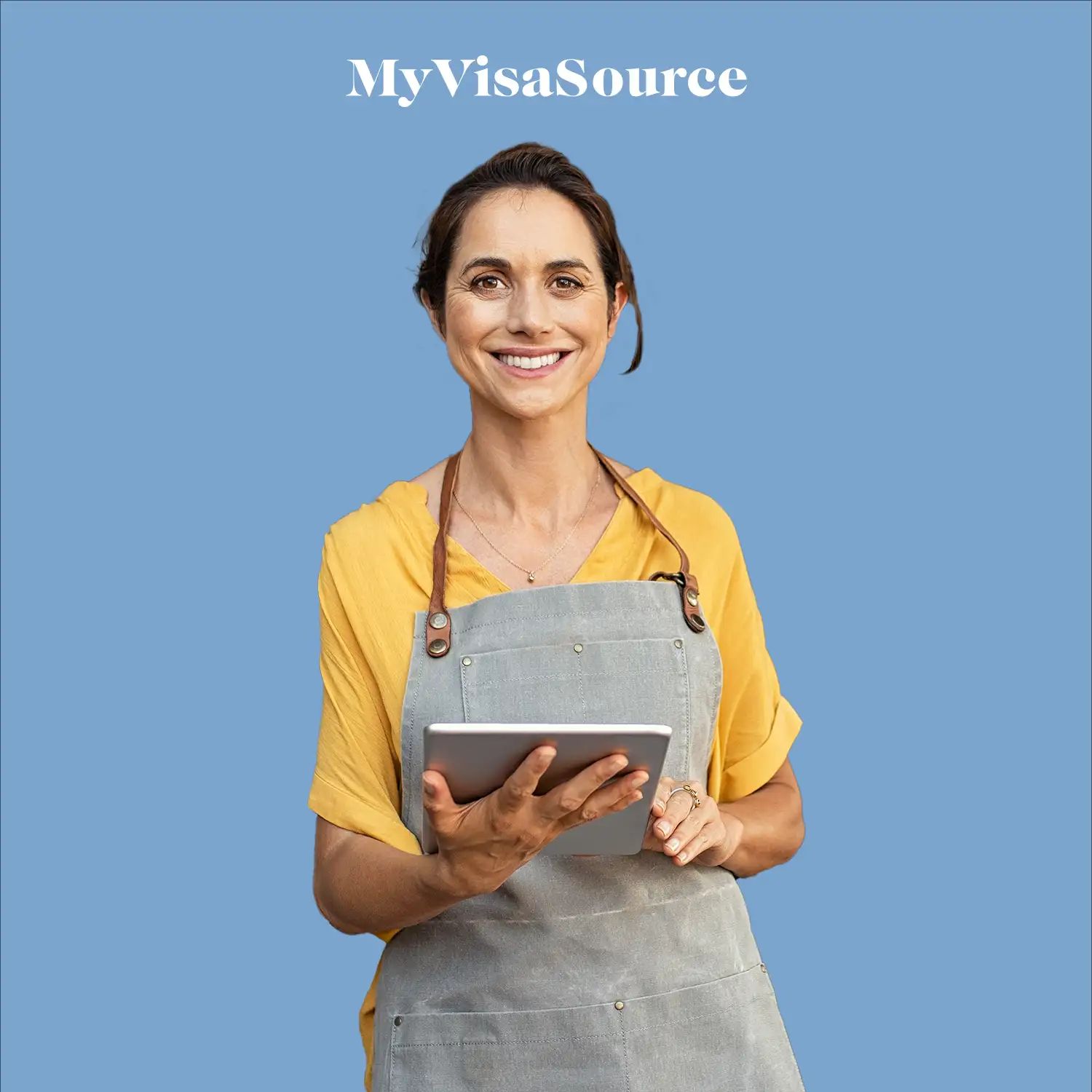 cheerful store clerk woman with a tablet on blue background by my visa source