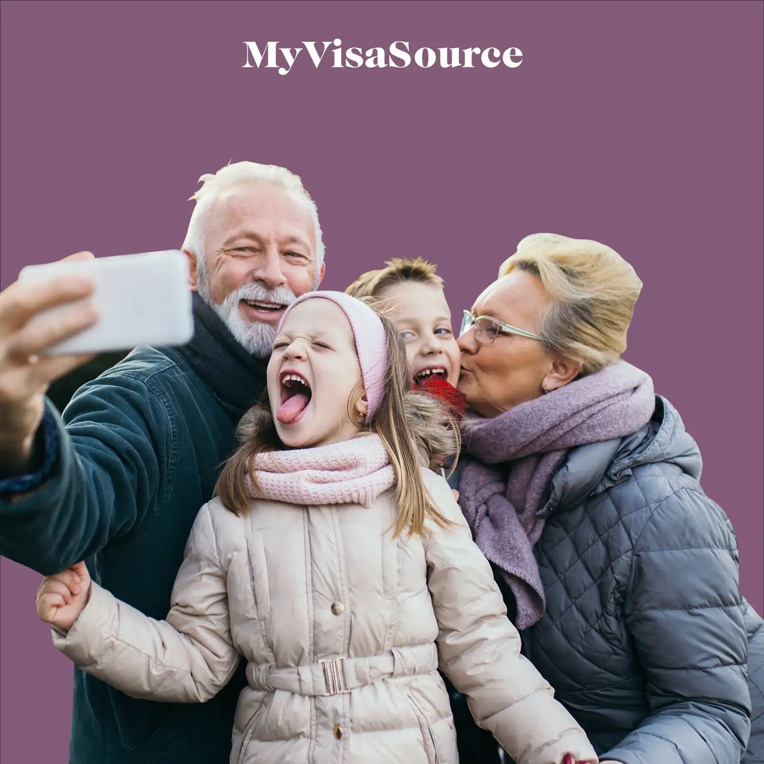 loving grandparents and grandkids taking family selfie on purple background by my visa source
