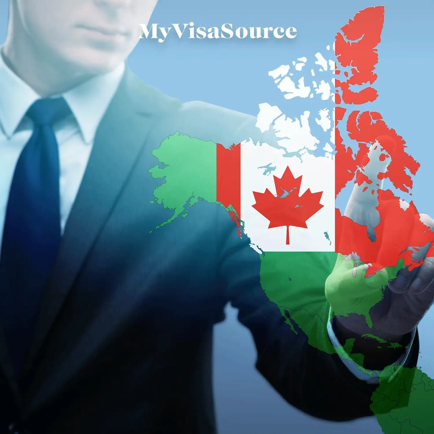 man in suit pointing at a transparent map of canada with blue background