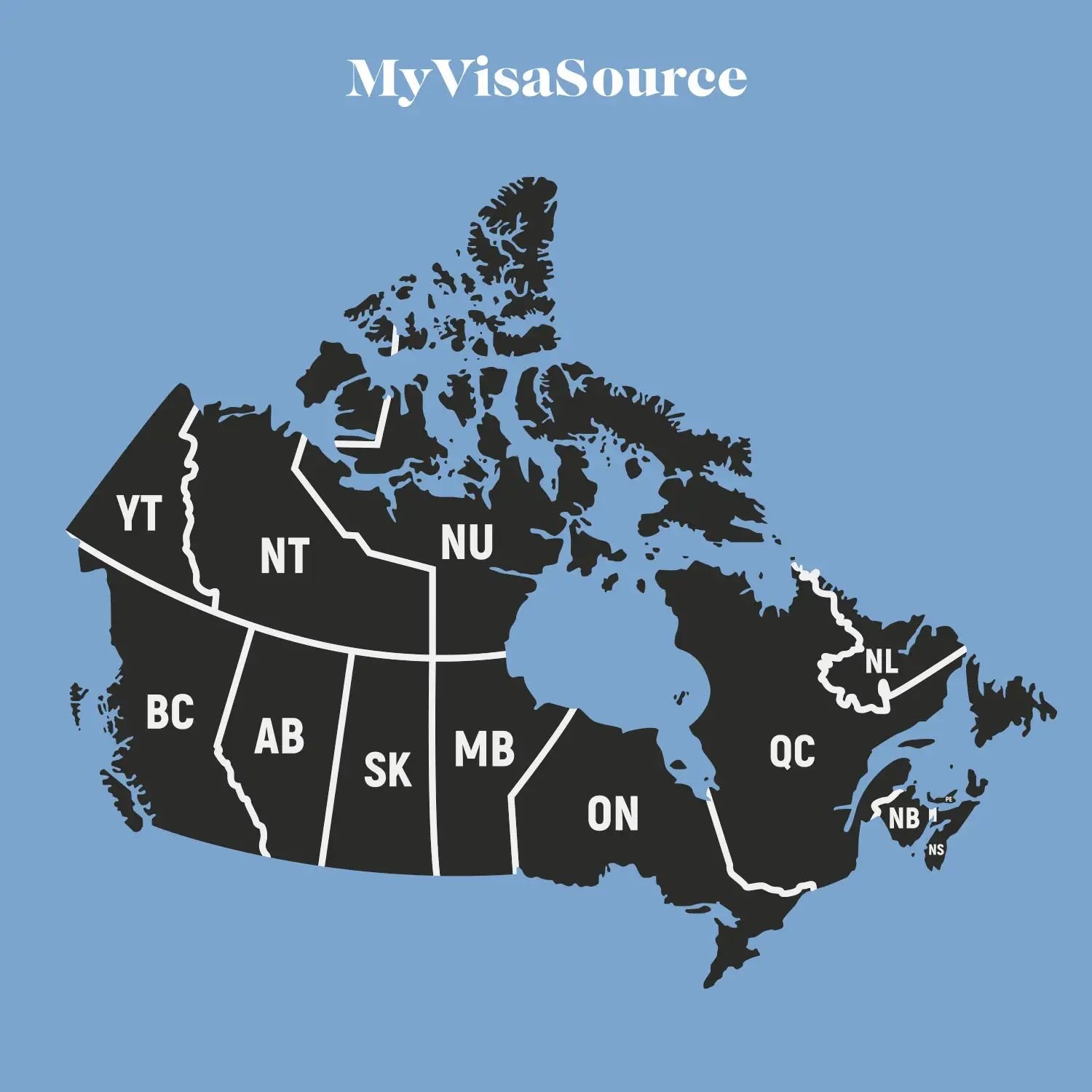 map of canada with provinces and territories split up black on blue background by my visa source