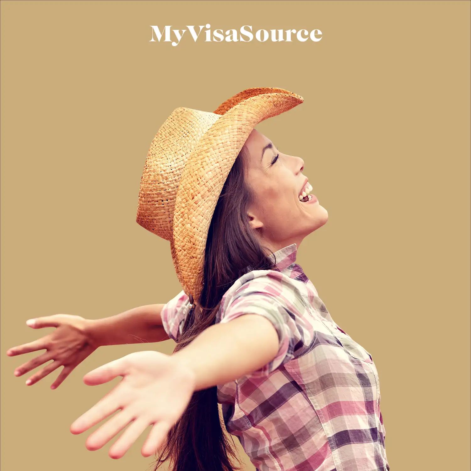 woman who is extremely happy facing up with arms extended back on brown background by my visa source
