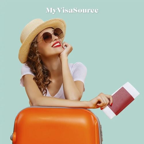 a young woman ready to travel with her passport and luggage by my visa source